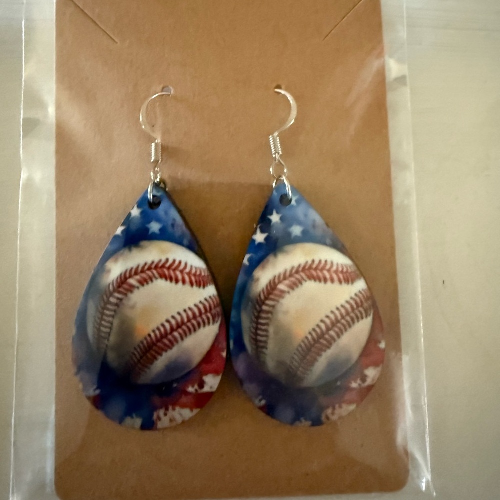 Baseball Teardrop Earrings with Flag Design